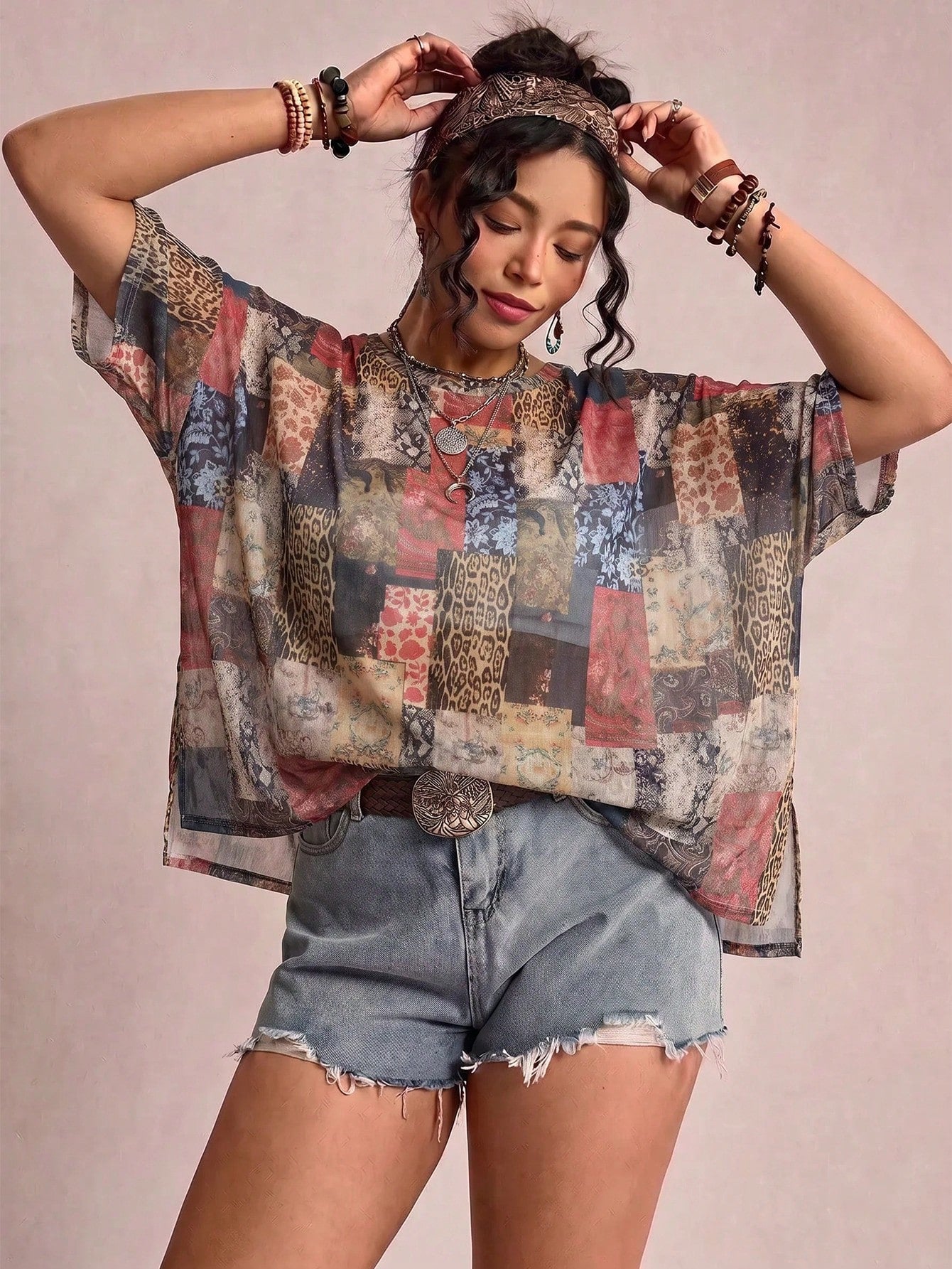 Freevana Sheer Mesh Patchwork Animal & Floral Print Plus Size Tee, Boho Sheer Top For Festival Beach Cover-Up