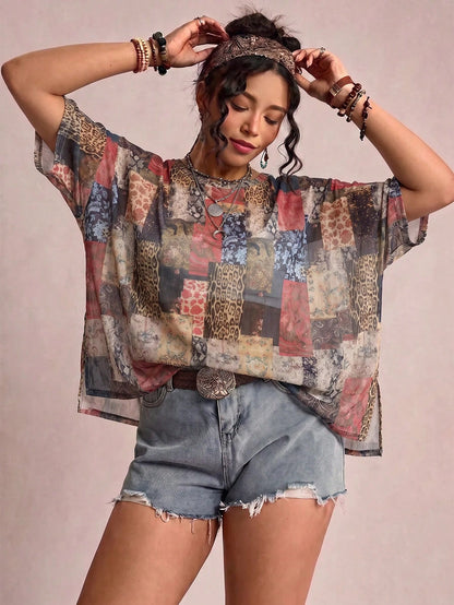 Freevana Sheer Mesh Patchwork Animal & Floral Print Plus Size Tee, Boho Sheer Top For Festival Beach Cover-Up