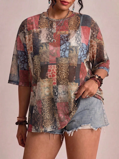 Freevana Sheer Mesh Patchwork Animal & Floral Print Plus Size Tee, Boho Sheer Top For Festival Beach Cover-Up