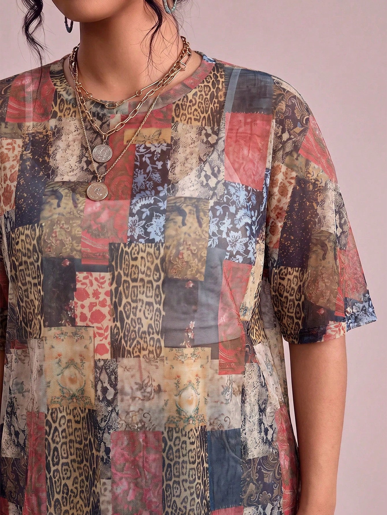 Freevana Sheer Mesh Patchwork Animal & Floral Print Plus Size Tee, Boho Sheer Top For Festival Beach Cover-Up