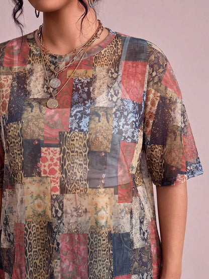 Freevana Sheer Mesh Patchwork Animal & Floral Print Plus Size Tee, Boho Sheer Top For Festival Beach Cover-Up