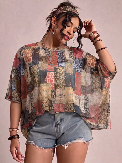 Freevana Sheer Mesh Patchwork Animal & Floral Print Plus Size Tee, Boho Sheer Top For Festival Beach Cover-Up