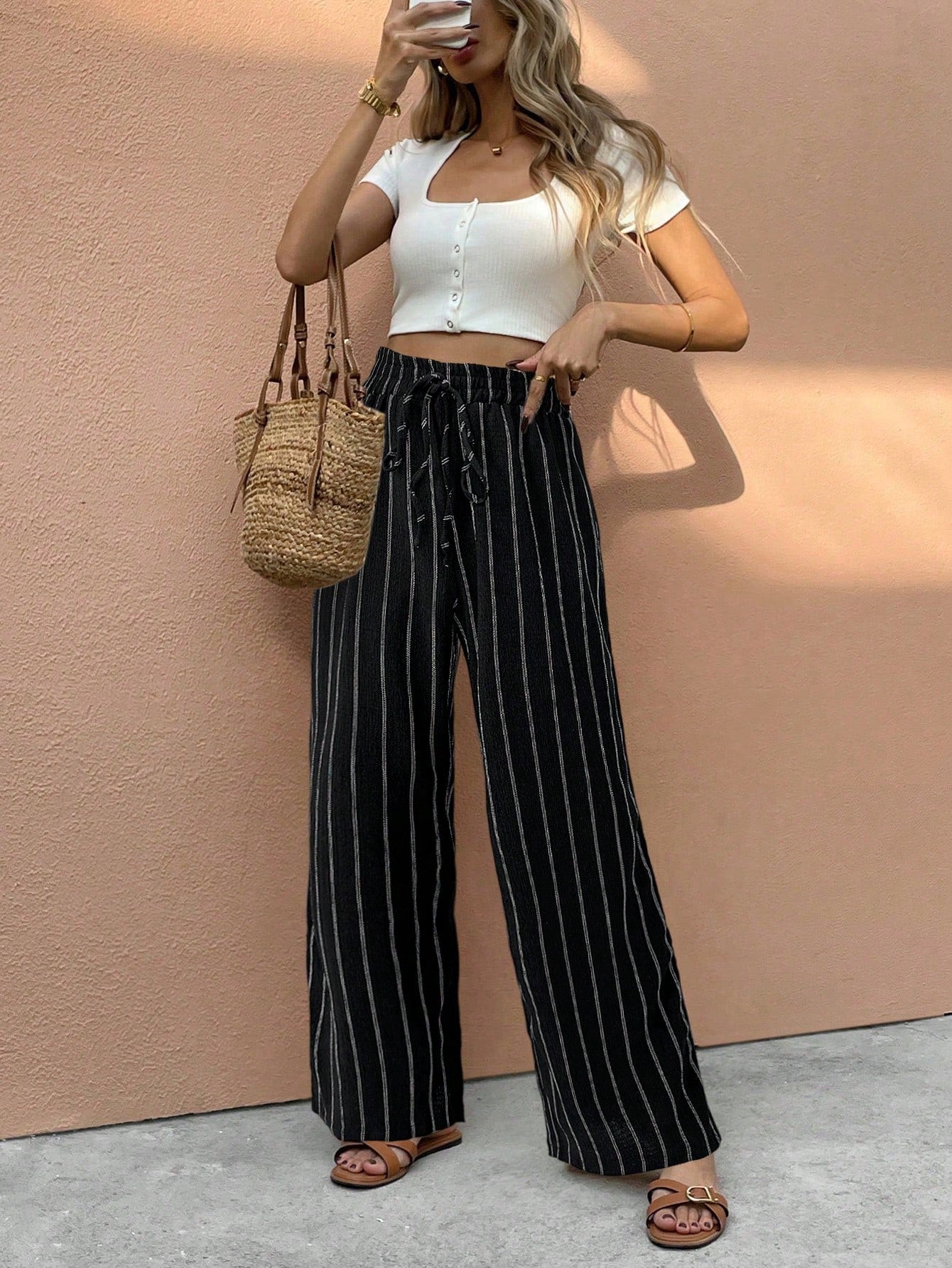 Frenchy Women's Casual Vacation Striped Straight Leg Pants,Business Casual Woman Winter Chic Spring Holiday Resort