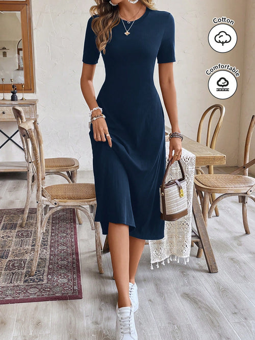 Frenchy Women's Navy Blue Summer Casual Long Dress, Round Neck Short-Sleeve Brunch Holiday Resort Dress,Old Money Minimalist Office Commute Earthy Work
