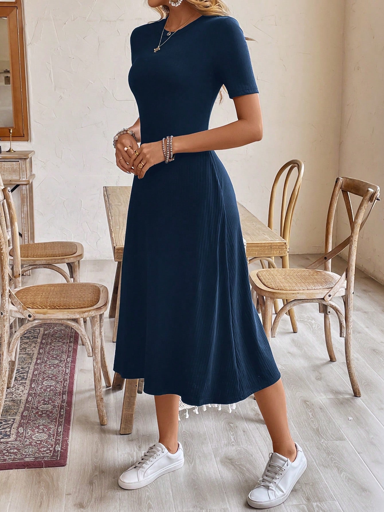 Frenchy Women's Navy Blue Summer Casual Long Dress, Round Neck Short-Sleeve Brunch Holiday Resort Dress,Old Money Minimalist Office Commute Earthy Work