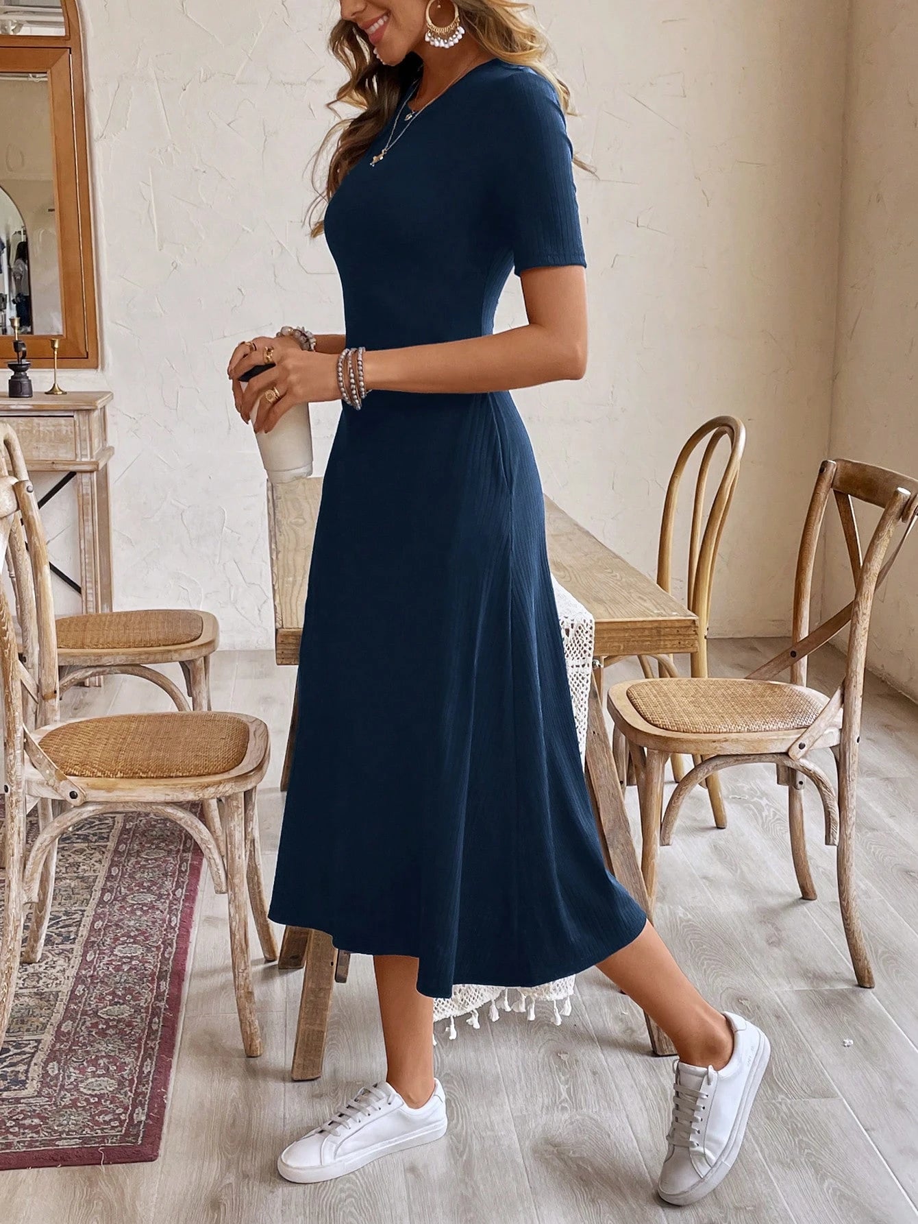 Frenchy Women's Navy Blue Summer Casual Long Dress, Round Neck Short-Sleeve Brunch Holiday Resort Dress,Old Money Minimalist Office Commute Earthy Work