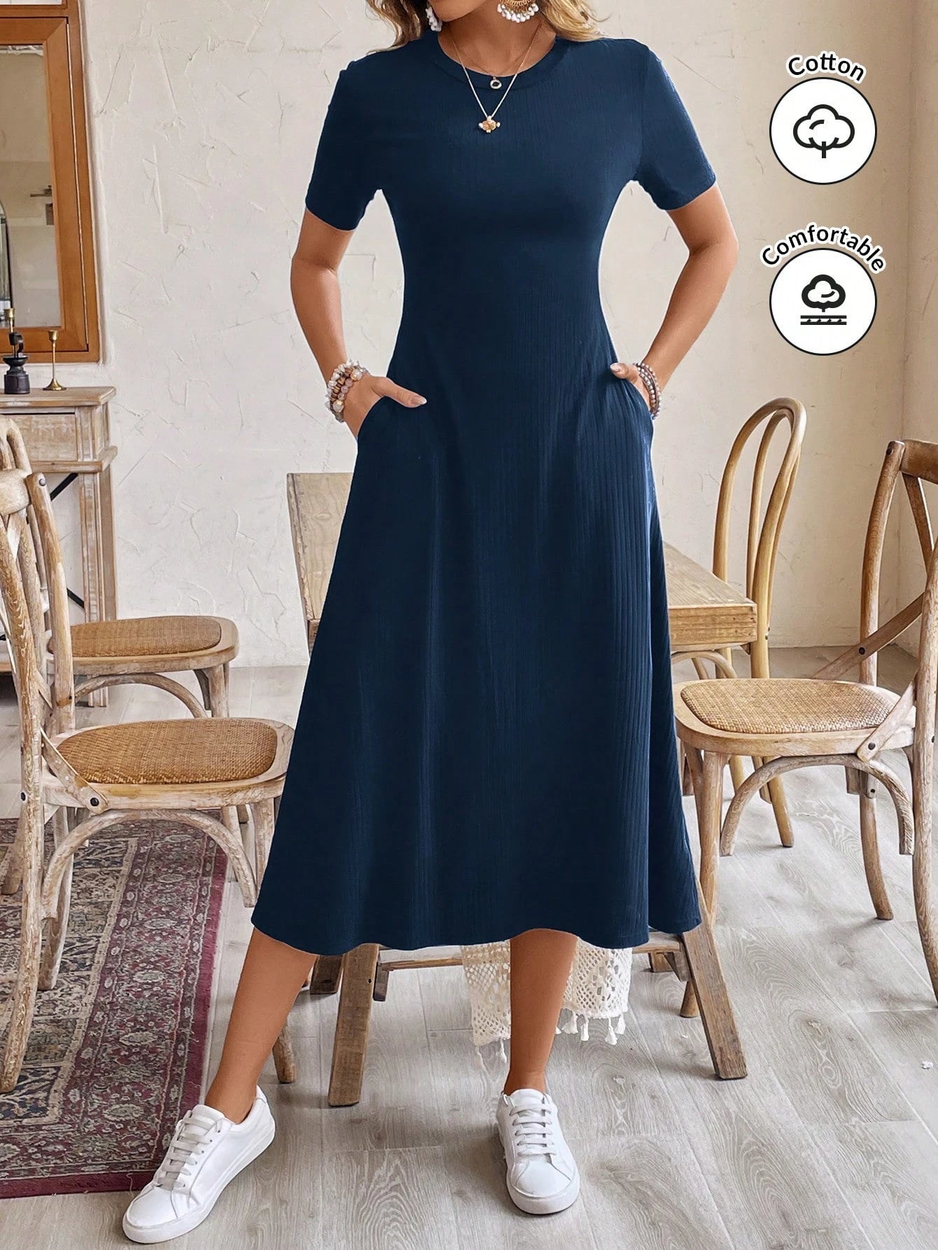 Frenchy Women's Navy Blue Summer Casual Long Dress, Round Neck Short-Sleeve Brunch Holiday Resort Dress,Old Money Minimalist Office Commute Earthy Work