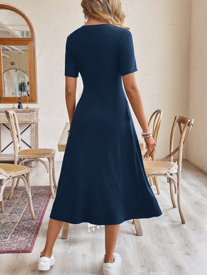 Frenchy Women's Navy Blue Summer Casual Long Dress, Round Neck Short-Sleeve Brunch Holiday Resort Dress,Old Money Minimalist Office Commute Earthy Work