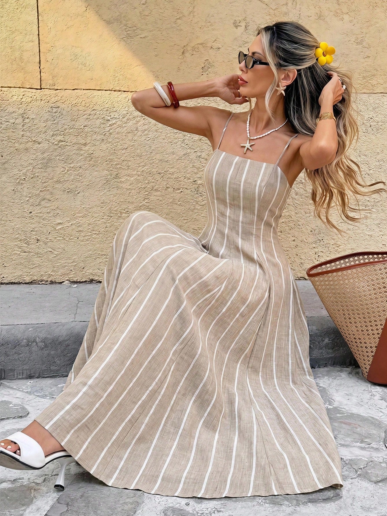 Frenchy Women's Summer Casual Vacation Style Color Block Striped Print Waist-Cinched Cami Dress