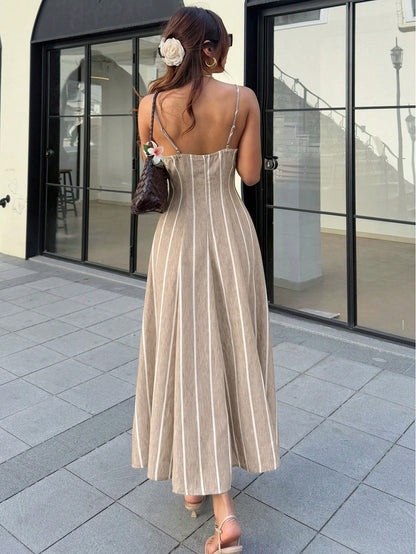 Frenchy Women's Summer Casual Vacation Style Color Block Striped Print Waist-Cinched Cami Dress