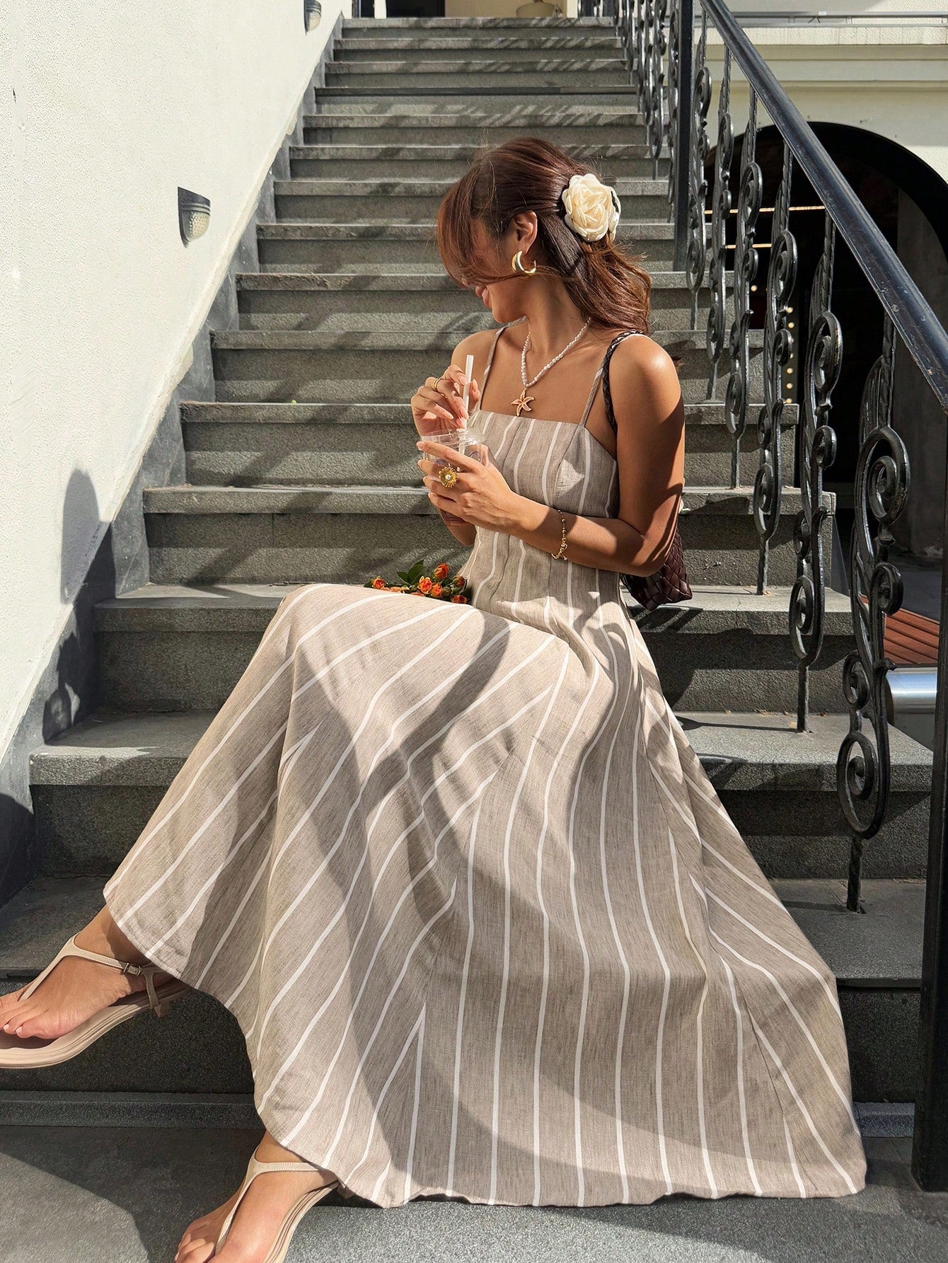 Frenchy Women's Summer Casual Vacation Style Color Block Striped Print Waist-Cinched Cami Dress