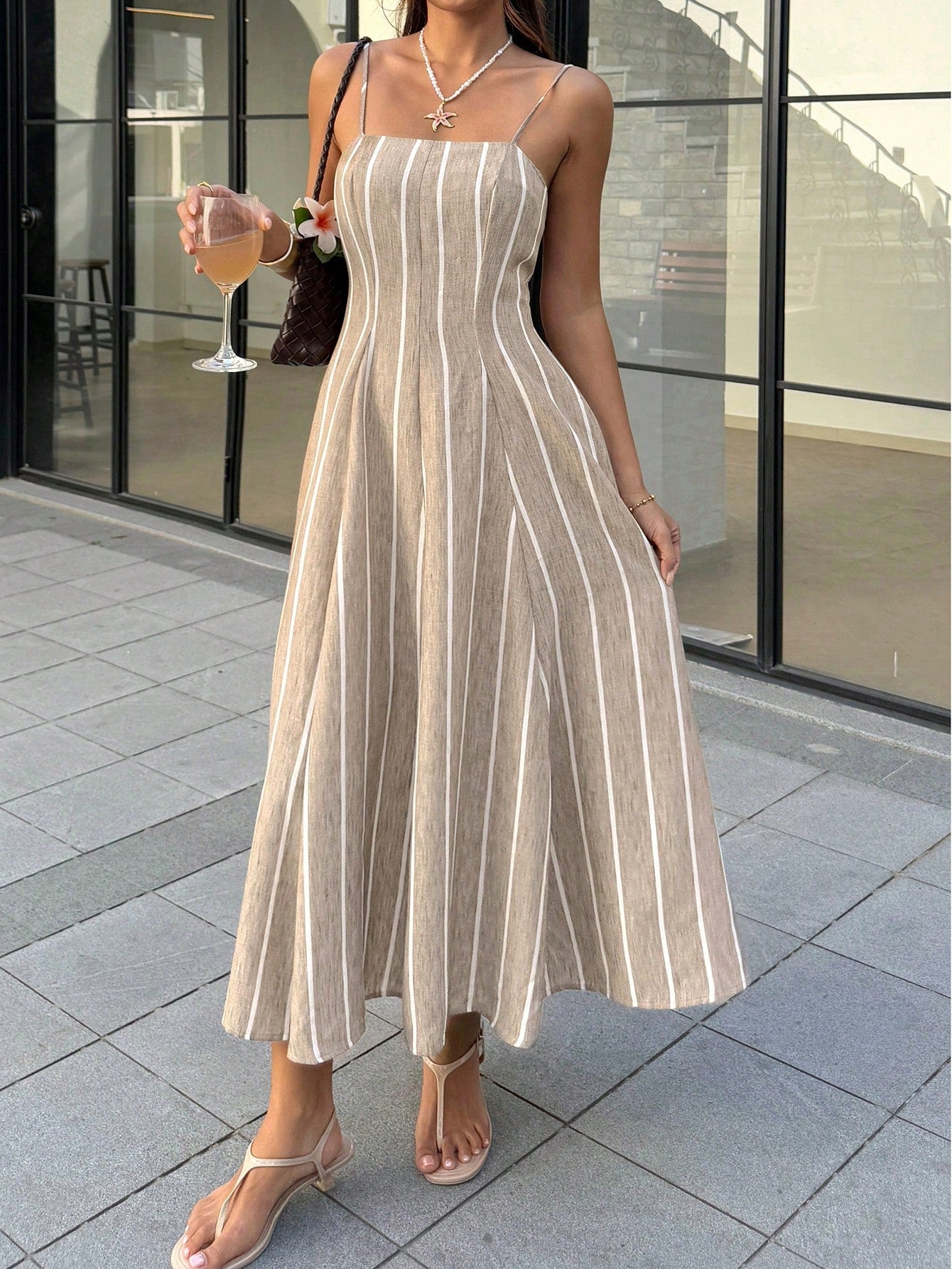 Frenchy Women's Summer Casual Vacation Style Color Block Striped Print Waist-Cinched Cami Dress