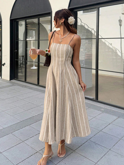 Frenchy Women's Summer Casual Vacation Style Color Block Striped Print Waist-Cinched Cami Dress