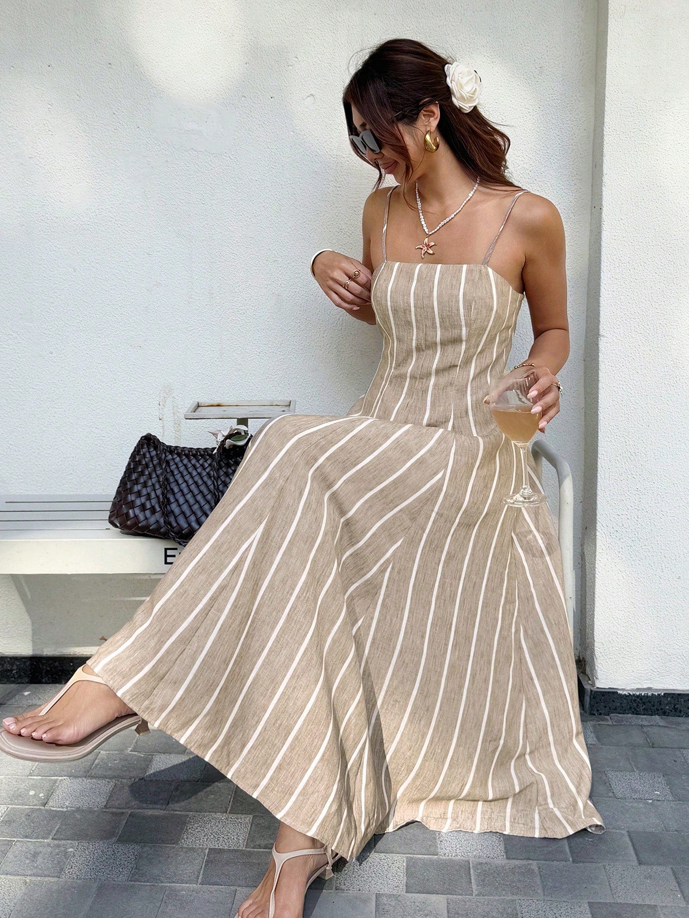 Frenchy Women's Summer Casual Vacation Style Color Block Striped Print Waist-Cinched Cami Dress
