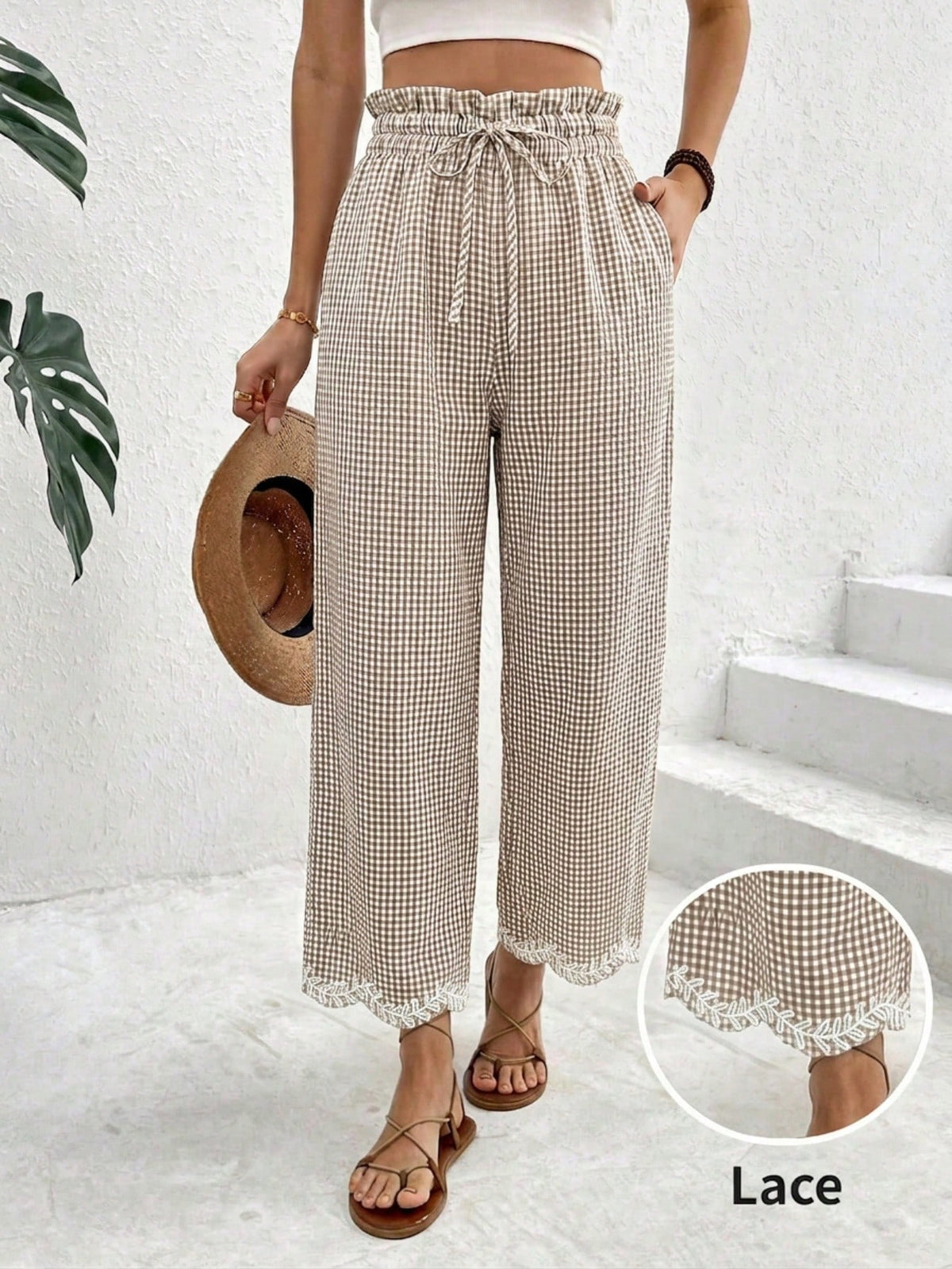 Frenchy Women's Vacation Plaid Drawstring Waist Loose Embroidered Hem Cropped Pants Golf Pastal Girlisim