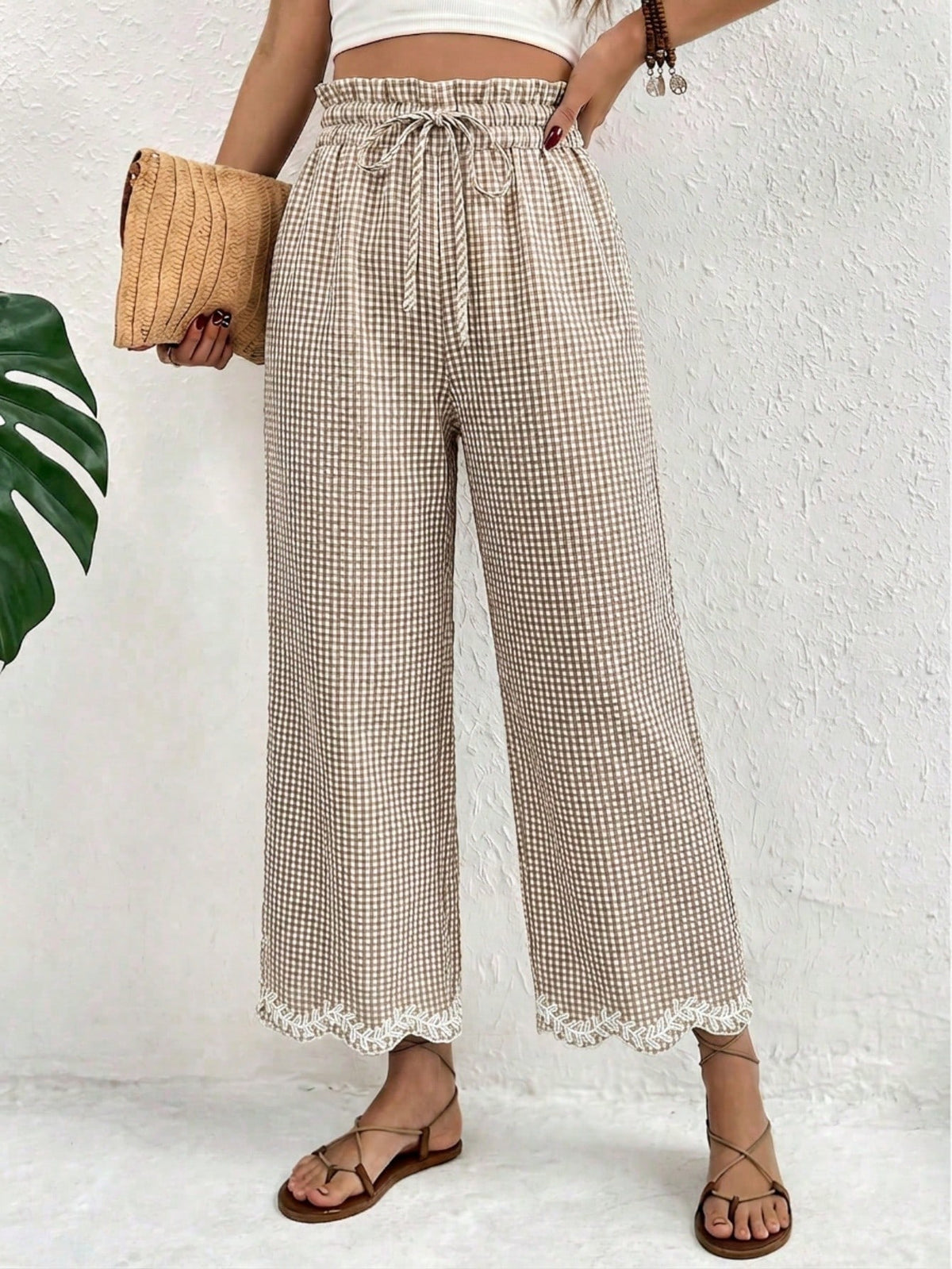 Frenchy Women's Vacation Plaid Drawstring Waist Loose Embroidered Hem Cropped Pants Golf Pastal Girlisim