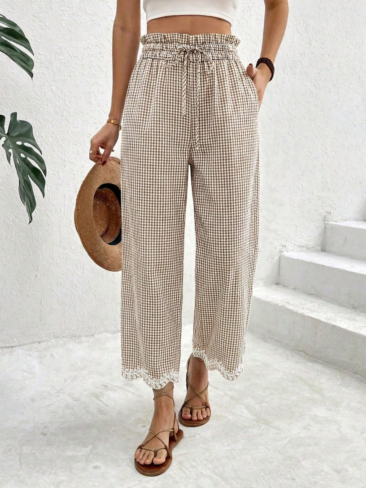 Frenchy Women's Vacation Plaid Drawstring Waist Loose Embroidered Hem Cropped Pants Golf Pastal Girlisim
