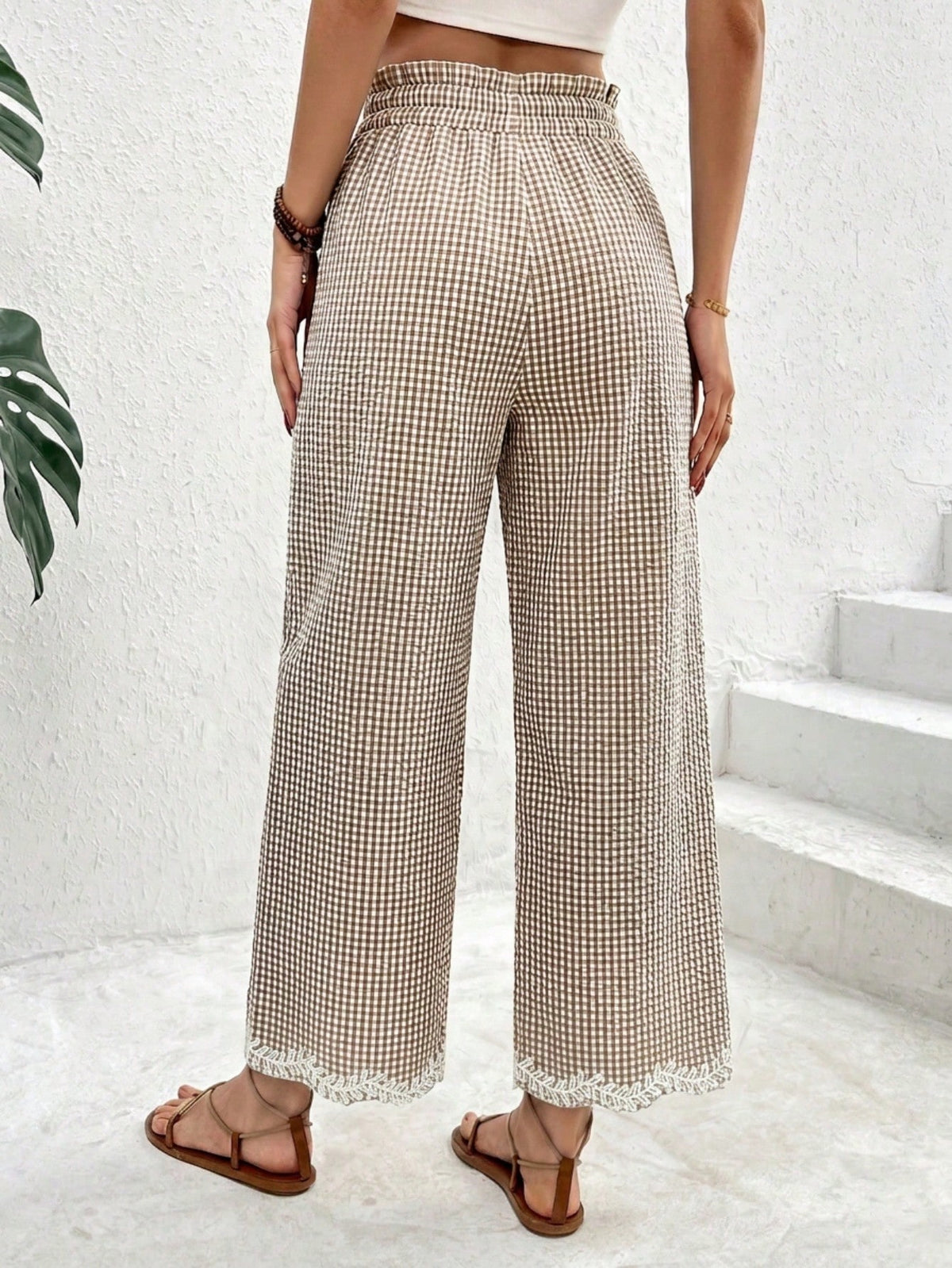 Frenchy Women's Vacation Plaid Drawstring Waist Loose Embroidered Hem Cropped Pants Golf Pastal Girlisim