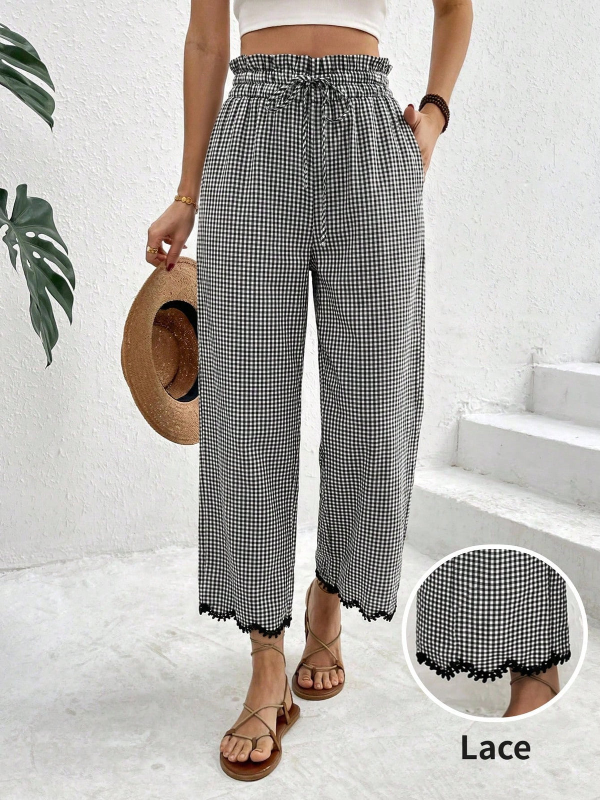 Frenchy Women's Vacation Plaid Drawstring Waist Loose Embroidered Hem Cropped Pants Golf Pastal Girlisim