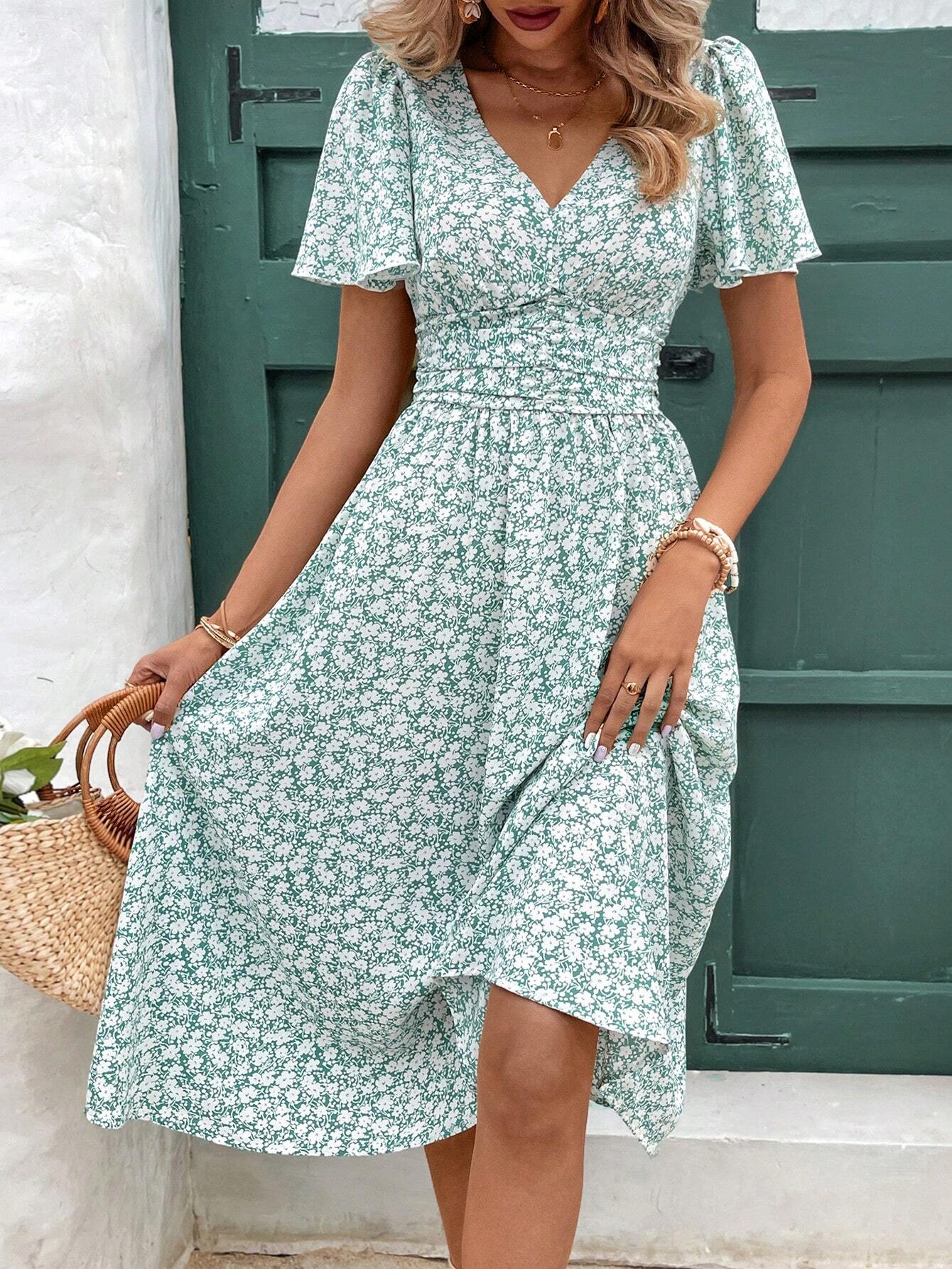 Frenchy Women Summer Vacation Style Full Floral Print V-Neck Ruffle Short Sleeve Long Dress,Summer Dresses For Women,Pastel Flower Beach Holiday Resort