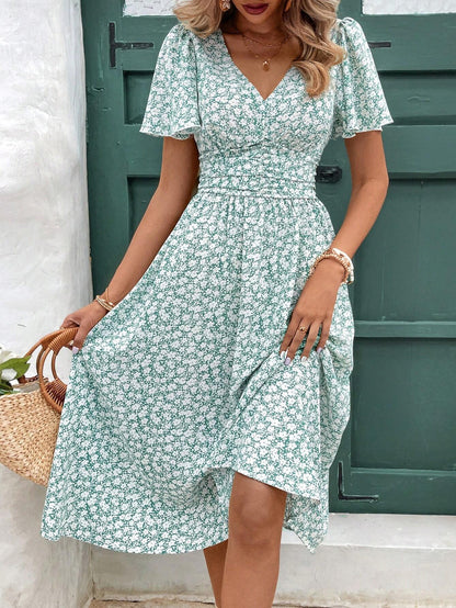 Frenchy Women Summer Vacation Style Full Floral Print V-Neck Ruffle Short Sleeve Long Dress,Summer Dresses For Women,Pastel Flower Beach Holiday Resort
