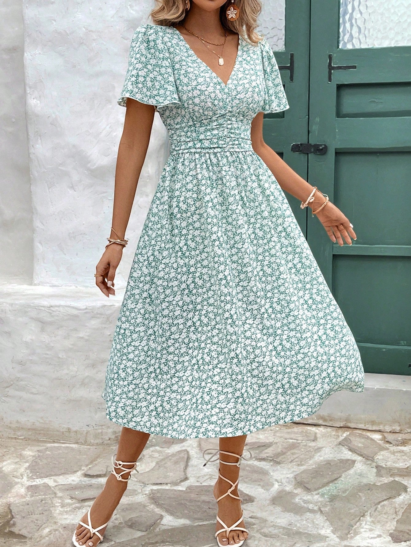 Frenchy Women Summer Vacation Style Full Floral Print V-Neck Ruffle Short Sleeve Long Dress,Summer Dresses For Women,Pastel Flower Beach Holiday Resort