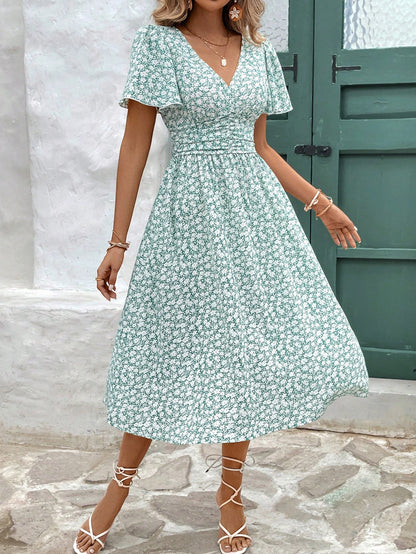 Frenchy Women Summer Vacation Style Full Floral Print V-Neck Ruffle Short Sleeve Long Dress,Summer Dresses For Women,Pastel Flower Beach Holiday Resort