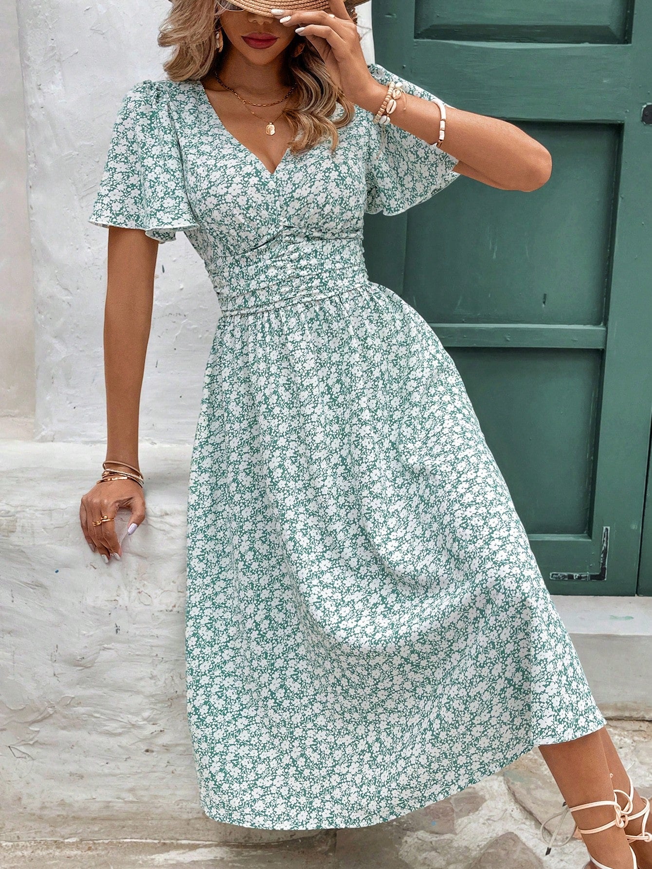 Frenchy Women Summer Vacation Style Full Floral Print V-Neck Ruffle Short Sleeve Long Dress,Summer Dresses For Women,Pastel Flower Beach Holiday Resort