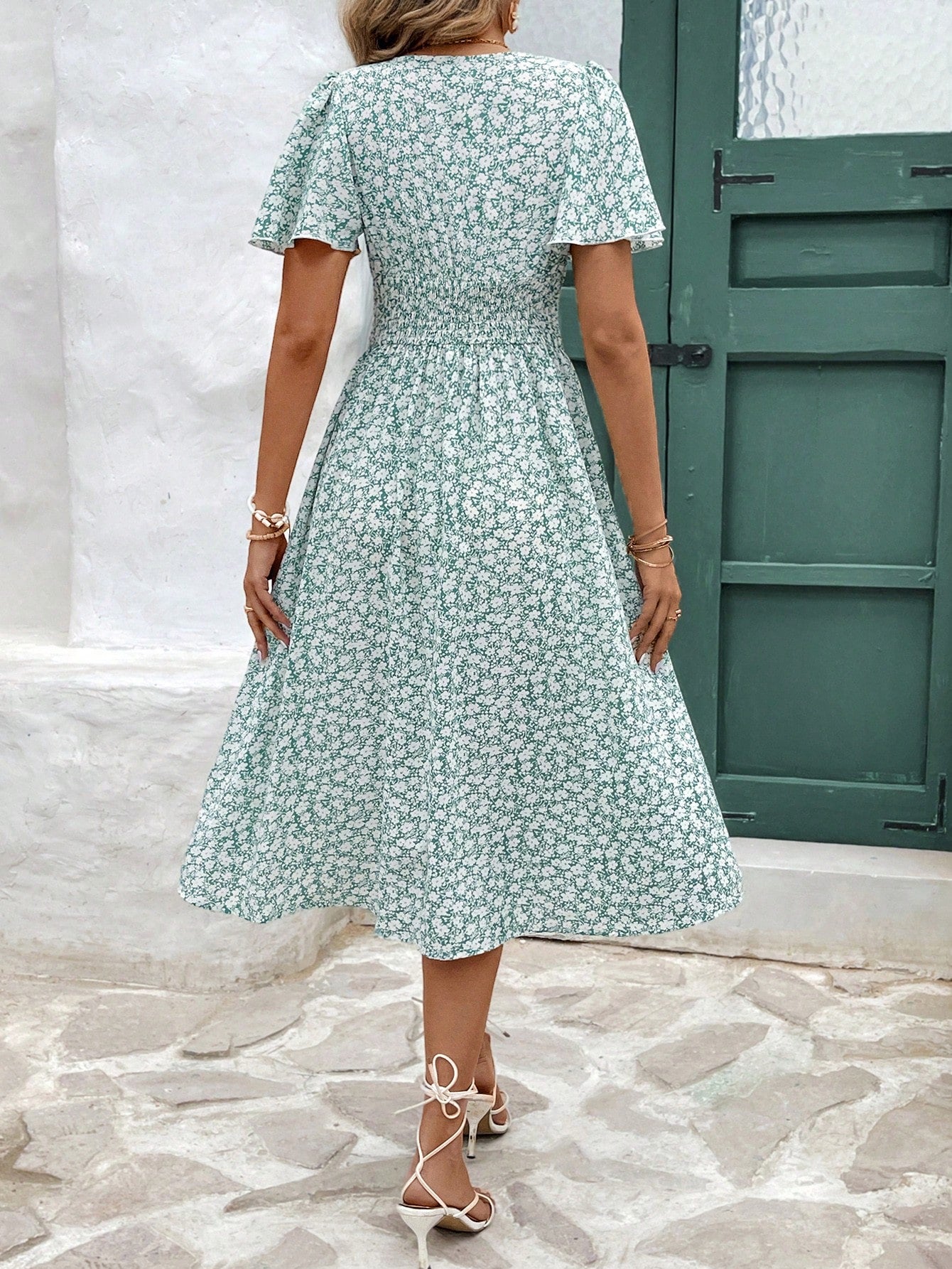 Frenchy Women Summer Vacation Style Full Floral Print V-Neck Ruffle Short Sleeve Long Dress,Summer Dresses For Women,Pastel Flower Beach Holiday Resort
