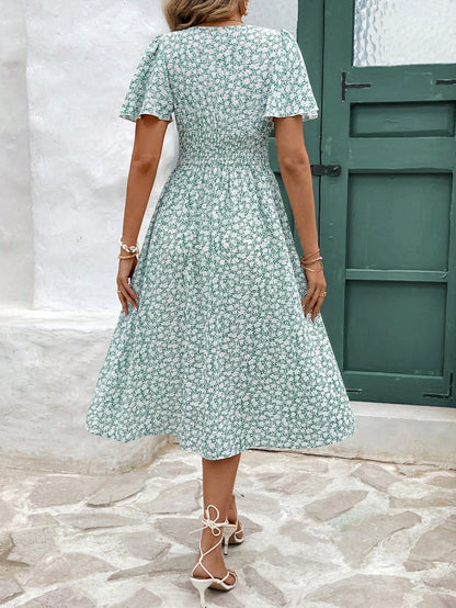 Frenchy Women Summer Vacation Style Full Floral Print V-Neck Ruffle Short Sleeve Long Dress,Summer Dresses For Women,Pastel Flower Beach Holiday Resort
