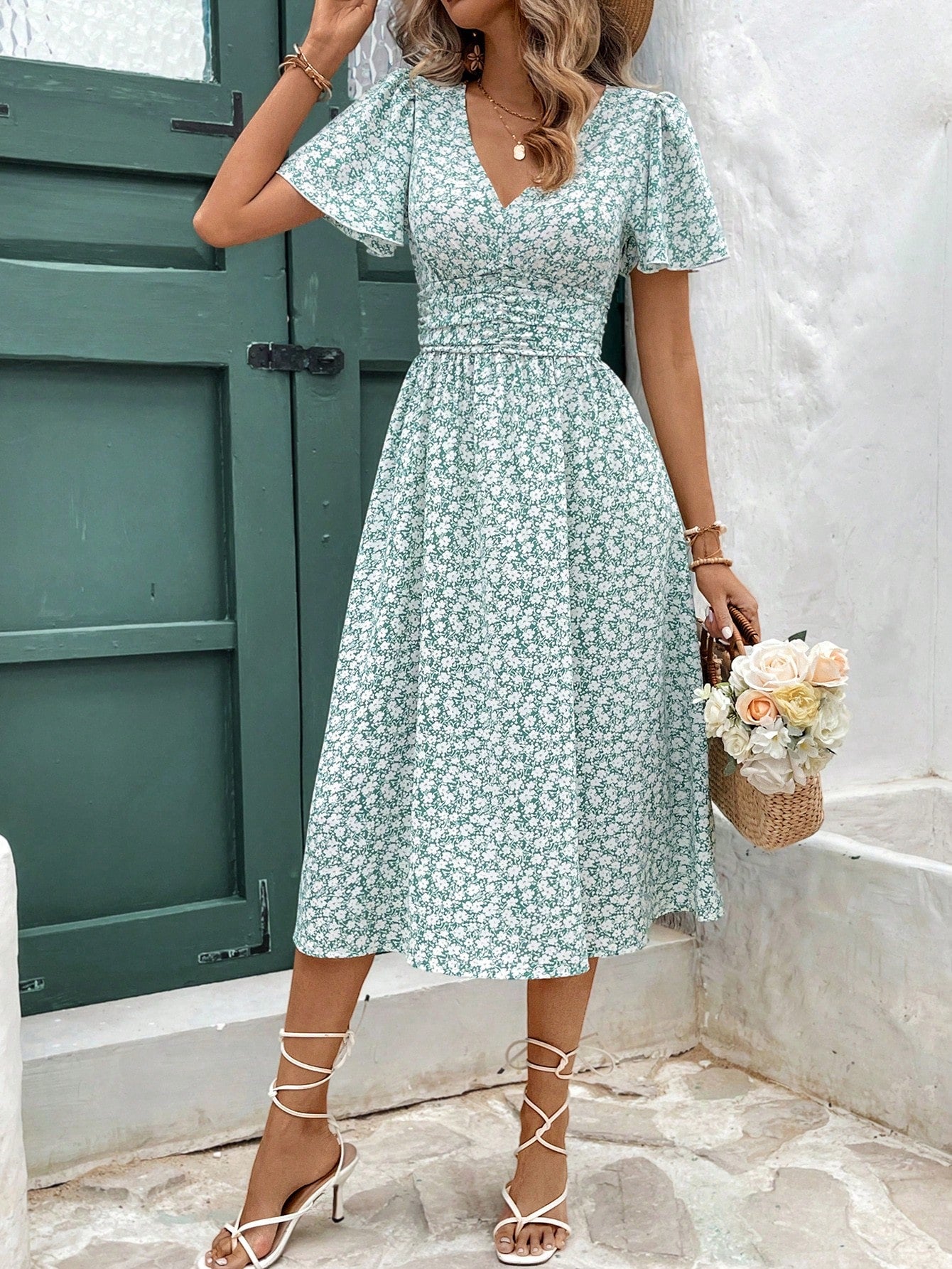 Frenchy Women Summer Vacation Style Full Floral Print V-Neck Ruffle Short Sleeve Long Dress,Summer Dresses For Women,Pastel Flower Beach Holiday Resort