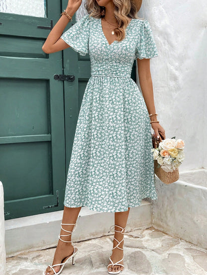 Frenchy Women Summer Vacation Style Full Floral Print V-Neck Ruffle Short Sleeve Long Dress,Summer Dresses For Women,Pastel Flower Beach Holiday Resort