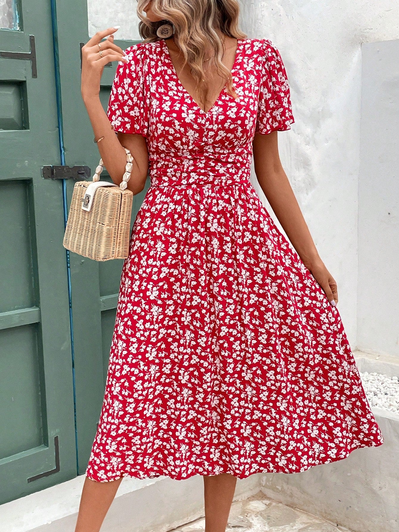Frenchy Women Summer Vacation Style Full Floral Print V-Neck Ruffle Short Sleeve Long Dress,Summer Dresses For Women,Pastel Flower Beach Holiday Resort