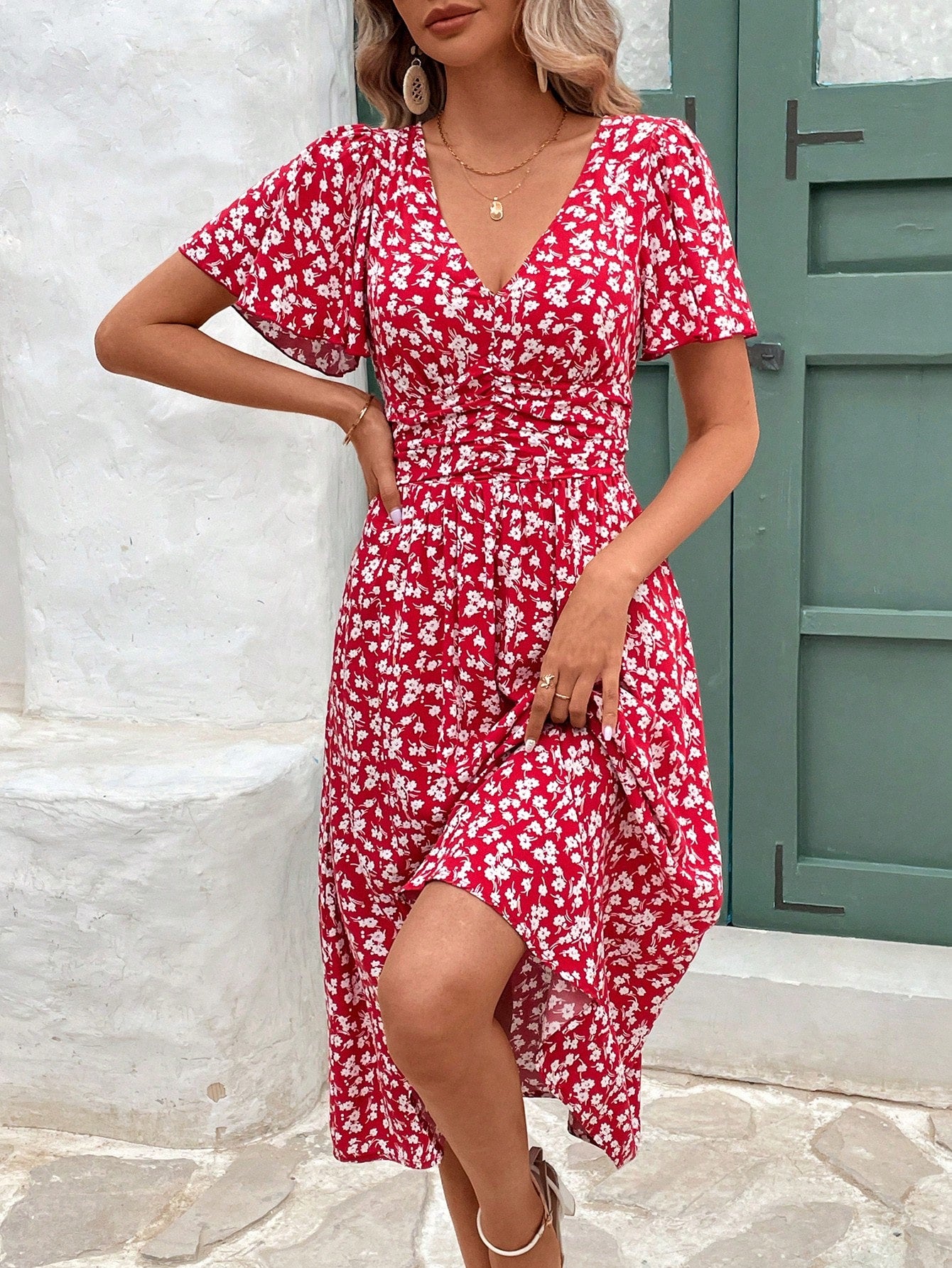 Frenchy Women Summer Vacation Style Full Floral Print V-Neck Ruffle Short Sleeve Long Dress,Summer Dresses For Women,Pastel Flower Beach Holiday Resort