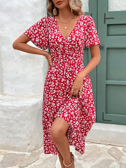 Frenchy Women Summer Vacation Style Full Floral Print V-Neck Ruffle Short Sleeve Long Dress,Summer Dresses For Women,Pastel Flower Beach Holiday Resort