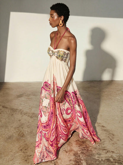 Frievida Chiffon Tie-Dye Print Halter Neck Tie-Up Sleeveless Vacation Dress