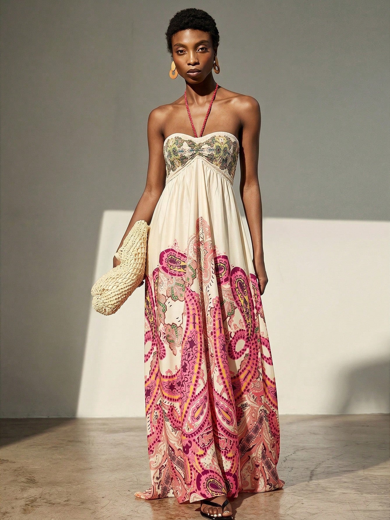 Frievida Chiffon Tie-Dye Print Halter Neck Tie-Up Sleeveless Vacation Dress