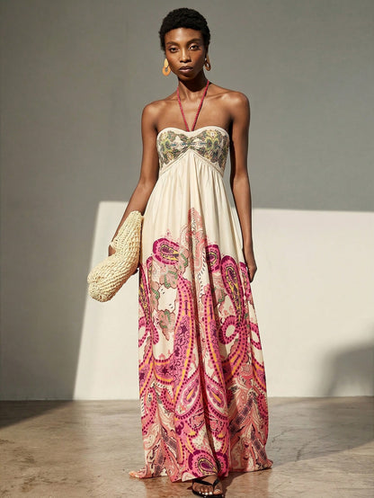 Frievida Chiffon Tie-Dye Print Halter Neck Tie-Up Sleeveless Vacation Dress
