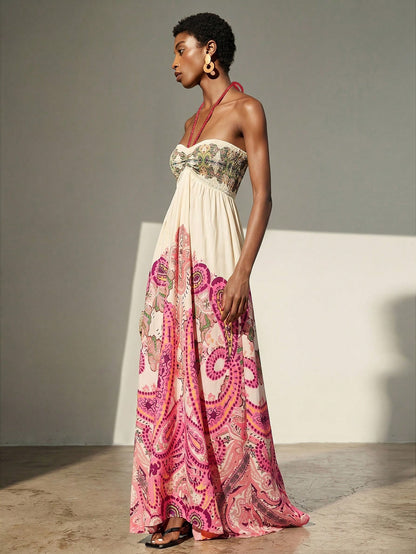 Frievida Chiffon Tie-Dye Print Halter Neck Tie-Up Sleeveless Vacation Dress