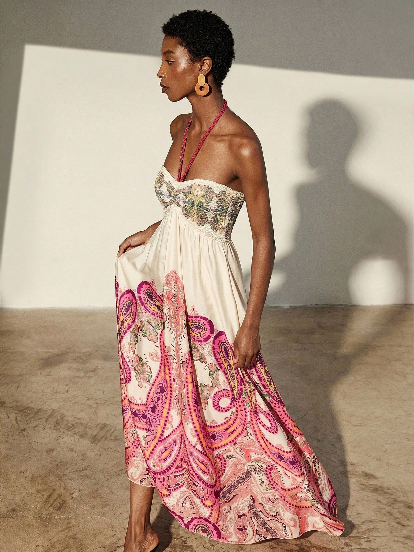 Frievida Chiffon Tie-Dye Print Halter Neck Tie-Up Sleeveless Vacation Dress