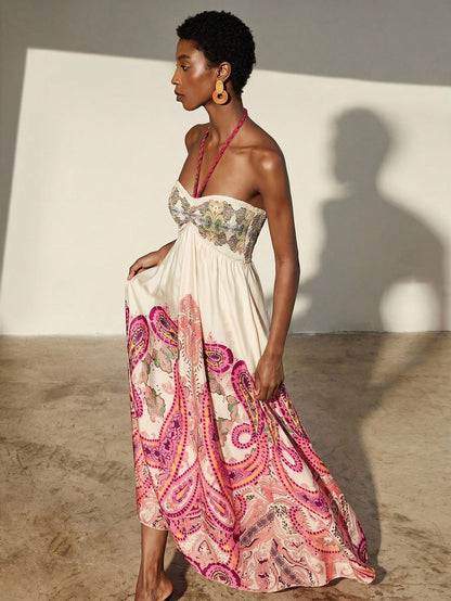 Frievida Chiffon Tie-Dye Print Halter Neck Tie-Up Sleeveless Vacation Dress