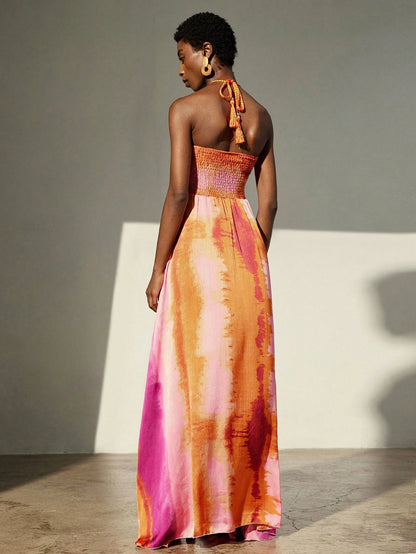 Frievida Chiffon Tie-Dye Print Halter Neck Tie-Up Sleeveless Vacation Dress