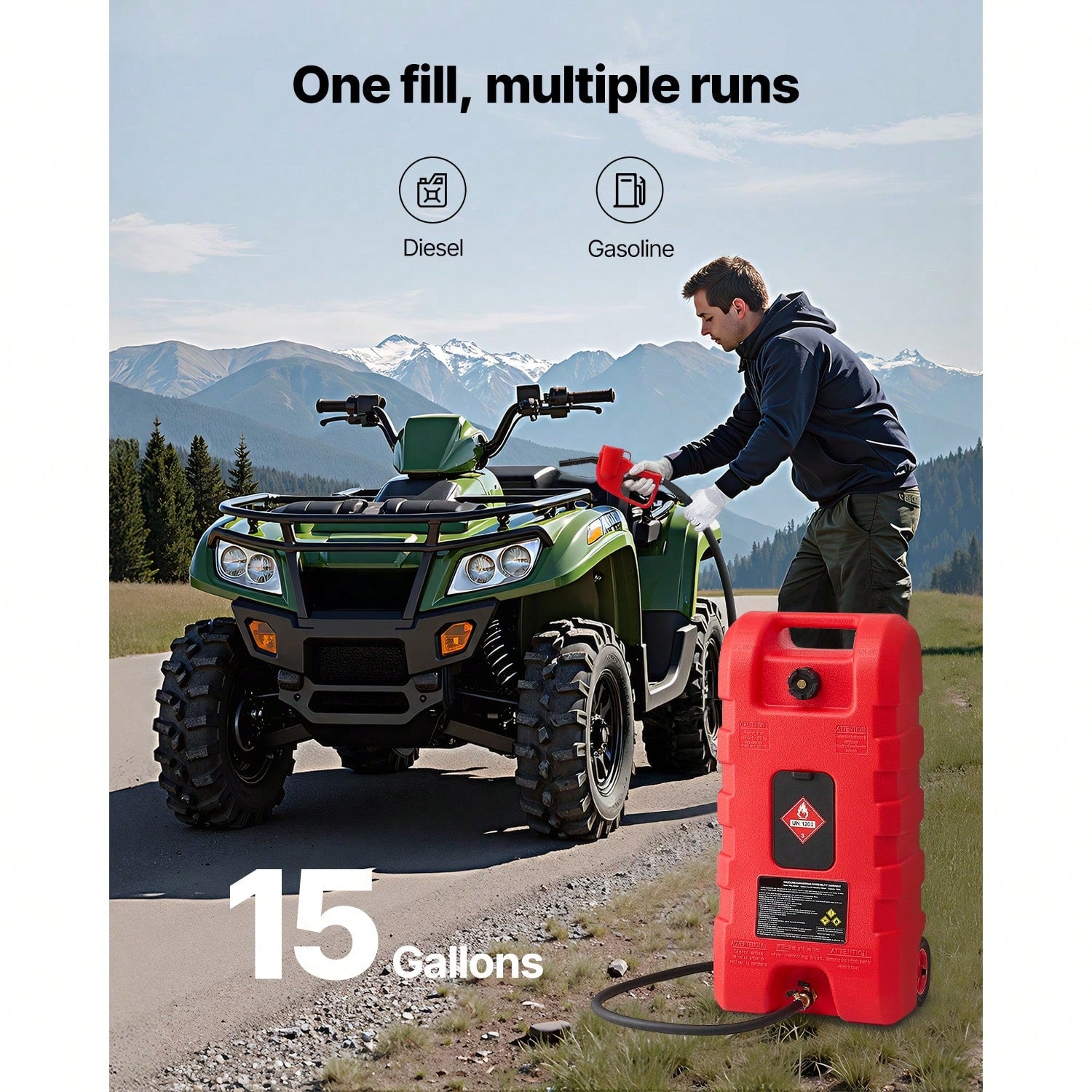 Fuel Caddy, 15 Gallon, Portable Fuel Tank With Gravity & Hand Pump Modes, Fuel Tank Container With Wheels, 10 Ft Delivery Hose & Manual Pump, Gas Caddy For Motorboats, ATVs, Gasoline