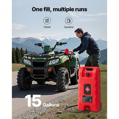Fuel Caddy, 15 Gallon, Portable Fuel Tank With Gravity & Hand Pump Modes, Fuel Tank Container With Wheels, 10 Ft Delivery Hose & Manual Pump, Gas Caddy For Motorboats, ATVs, Gasoline