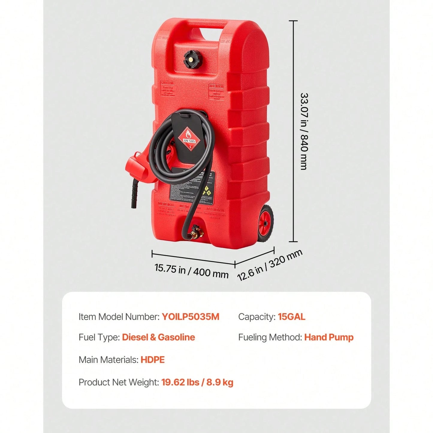 Fuel Caddy, 15 Gallon, Portable Fuel Tank With Gravity & Hand Pump Modes, Fuel Tank Container With Wheels, 10 Ft Delivery Hose & Manual Pump, Gas Caddy For Motorboats, ATVs, Gasoline