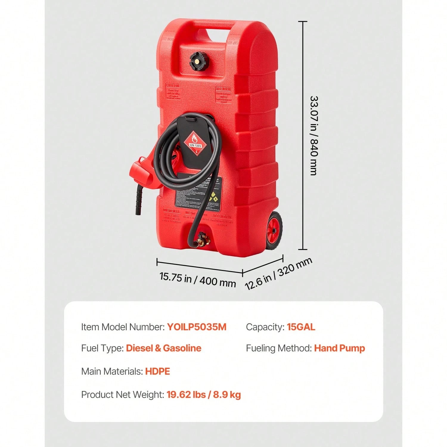 Fuel Caddy, 15 Gallon, Portable Fuel Tank With Gravity & Hand Pump Modes, Fuel Tank Container With Wheels, 10 Ft Delivery Hose & Manual Pump, Gas Caddy For Motorboats, ATVs, Gasoline