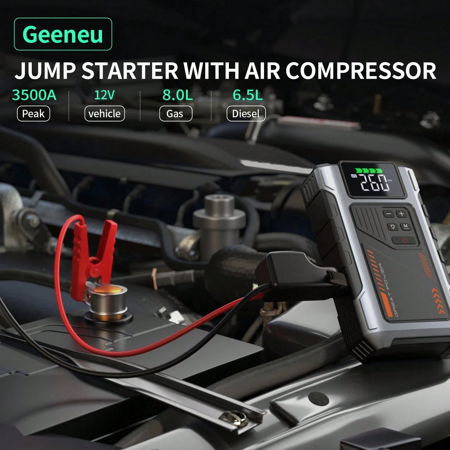 Geeneu Portable 3500A Jump Starter With Air Compressor,Car Battery Jump Box(For 8.0L Gas/6.5-Liter Fuel Vehicle)With 150PSI Tire Inflator,12V Battery Compact Jumper Starter,Cargador De Batería De Carr