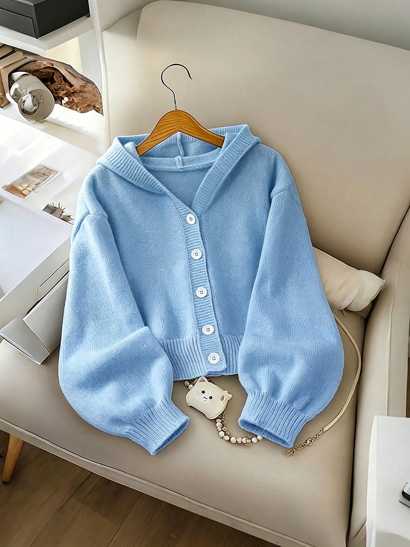 Genkimix Kids Girls' Fashion Casual Fresh Short Solid Color Autumn/Winter Hooded Knit Cardigan Sweater