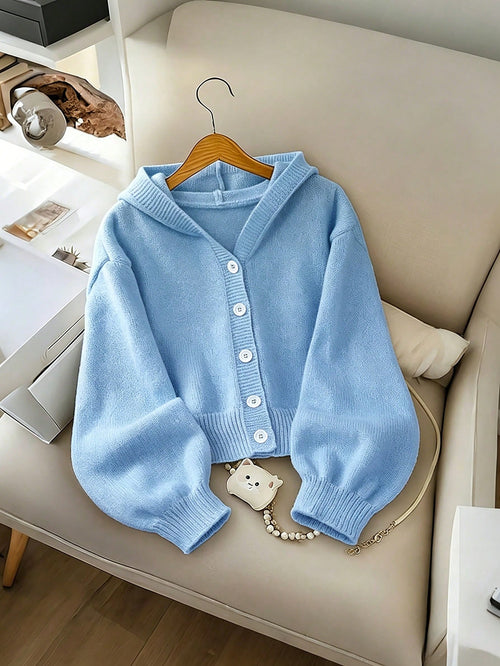 Genkimix Kids Girls' Fashion Casual Fresh Short Solid Color Autumn/Winter Hooded Knit Cardigan Sweater