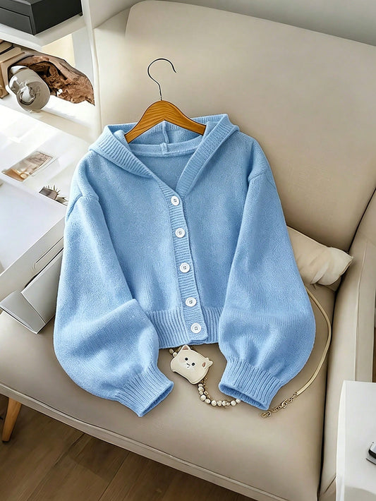 Genkimix Kids Girls' Fashion Casual Fresh Short Solid Color Autumn/Winter Hooded Knit Cardigan Sweater